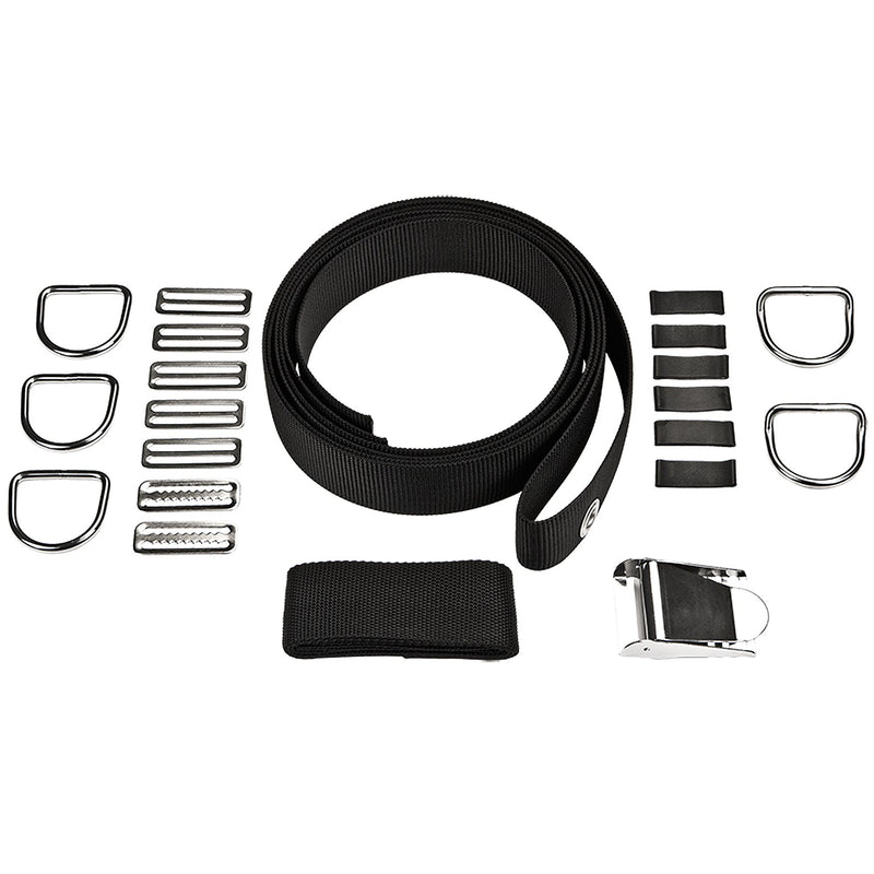 XDEEP Classic Old School Harness Set with Webbing, 5 D-Rings, Tri-Gliders, and Crotch Strap – laid flat rear view without backplate