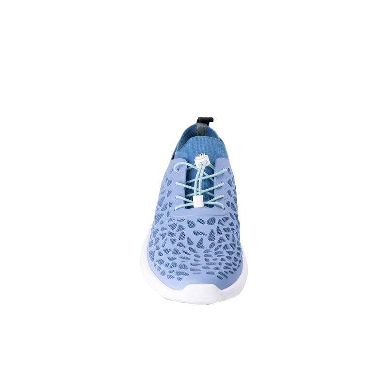 Front view of Crosskix Tetra Frost shoe in light blue showing toe box with geometric perforations and white laces