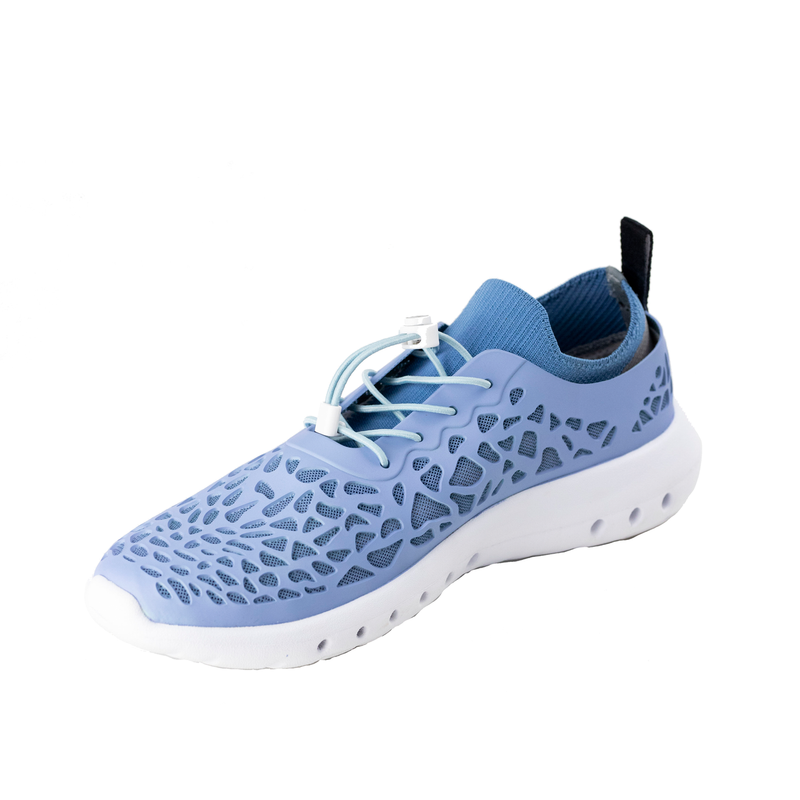 Crosskix Tetra Frost water shoe shown at three-quarter angle highlighting the perforated upper, blue collar, white laces, and athletic design
