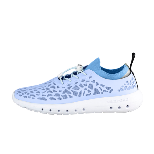 Crosskix Tetra Frost water shoe in light blue with perforated upper design, white laces, and white sole, shown from the side