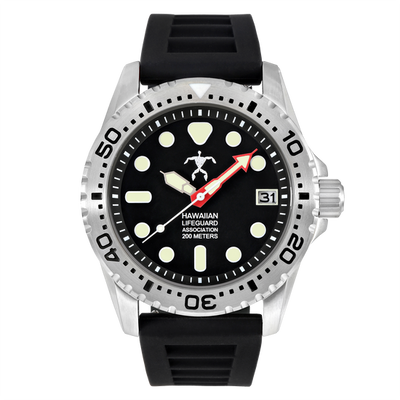 Hawaiian Lifeguard 42mm Steel Dive Watch with Black Dial and Black Strap