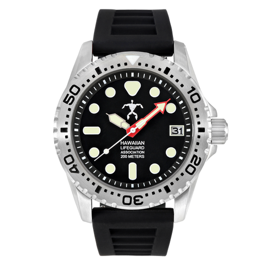 Hawaiian Lifeguard 42mm Steel Dive Watch with Black Dial and Black Strap