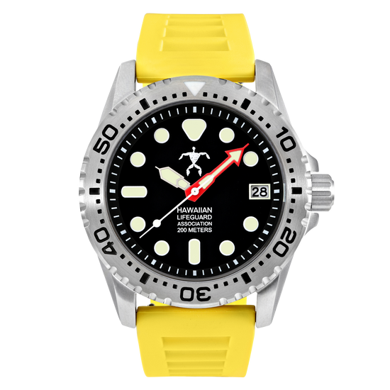 Hawaiian Lifeguard 42mm Steel Dive Watch with Black Dial and Yellow Strap