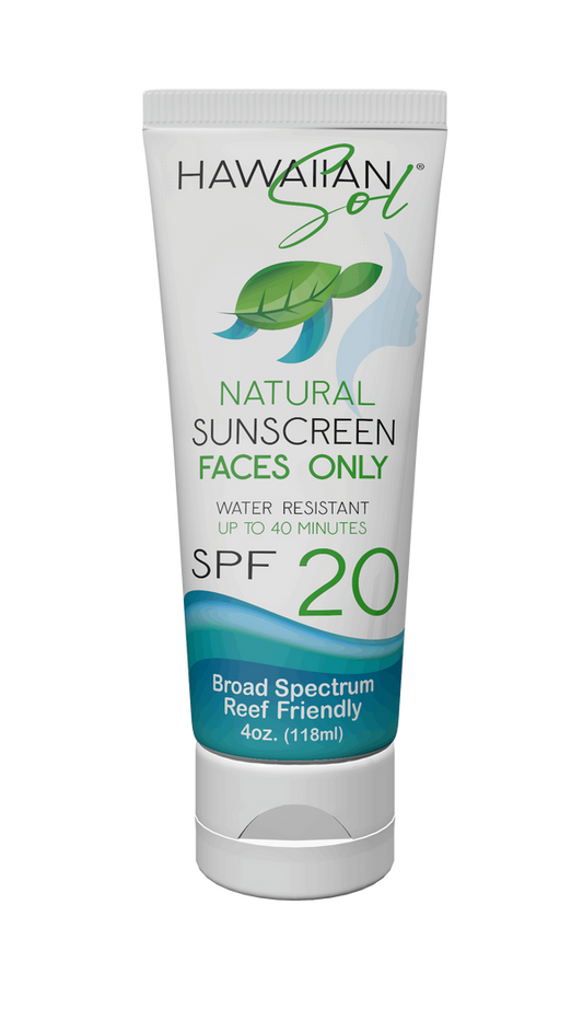 Hawaiian Sol Natural Sunscreen Face Only SPF 20 - 4oz tube specifically formulated for facial application with reef-friendly formula