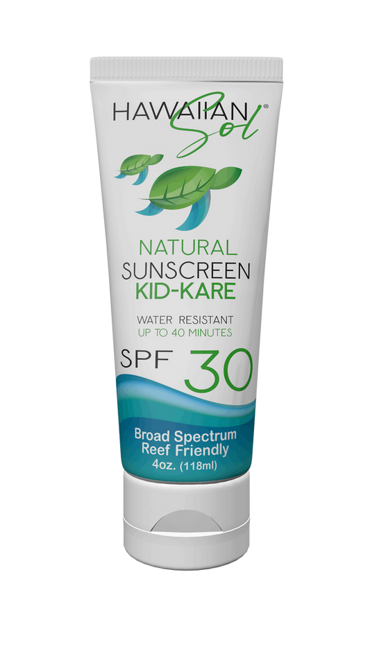 Hawaiian Sol Natural Sunscreen Kid-Kare SPF 30 - 4oz tube with gentle reef-friendly formula designed for children's sensitive skin