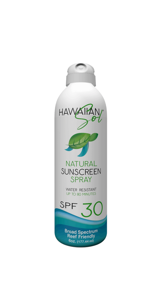 Hawaiian Sol Natural Sunscreen Spray SPF 30 - 6oz aerosol bottle with water-resistant broad spectrum protection