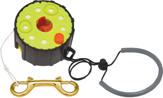 Innovate Scuba Concepts lime green finger reel with wrist strap and brass snap hook for scuba diving