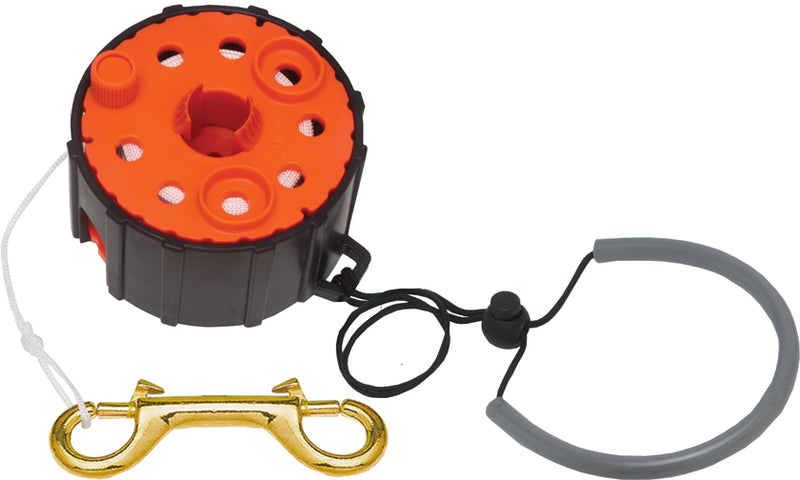 Innovate Scuba Concepts orange finger reel with wrist strap and brass double-ended snap hook for diving
