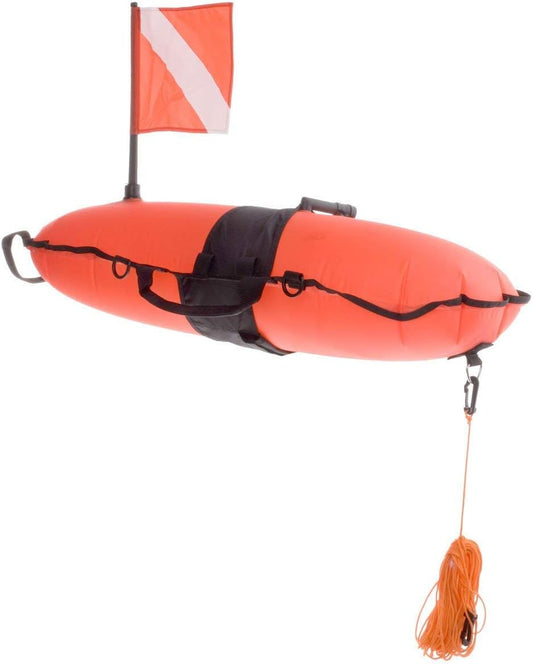 Innovate Scuba Concepts orange inflatable surface marker buoy with dive flag, black harness straps, and orange deployment line for underwater safety