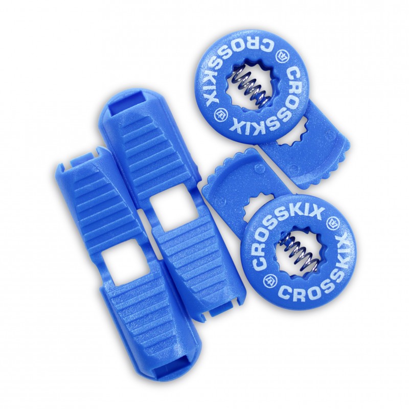 Crosskix elastic shoelace components laid out showing two blue lace clips and two circular Crosskix branded end caps with logo design