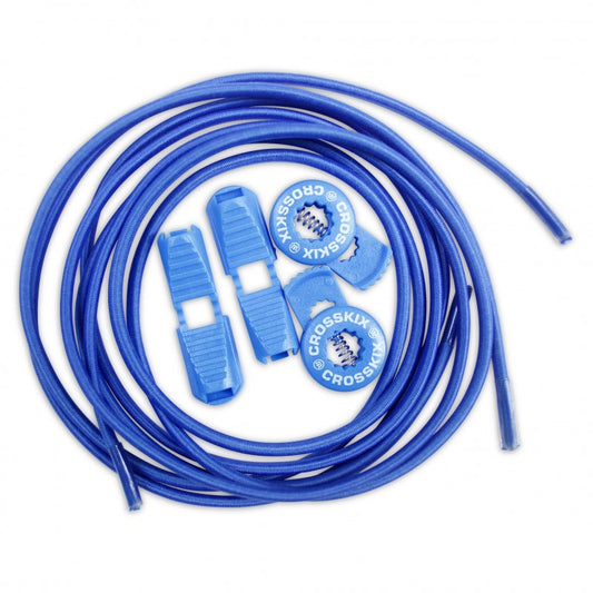 Crosskix Elasti-Laces Set in blue featuring elastic shoelaces with two circular branded end caps displaying the Crosskix logo, coiled and ready for use