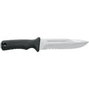 MAC Coltellerie tactical knife with black textured grip handle and stainless steel blade with integrated finger guard