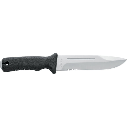 MAC Coltellerie tactical knife with black textured grip handle and stainless steel blade with integrated finger guard