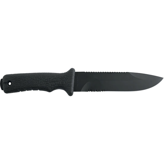 Black tactical knife with serrated spine and textured grip handle by MAC Coltellerie