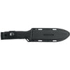 Black leather knife sheath with belt attachment holes and snap closure