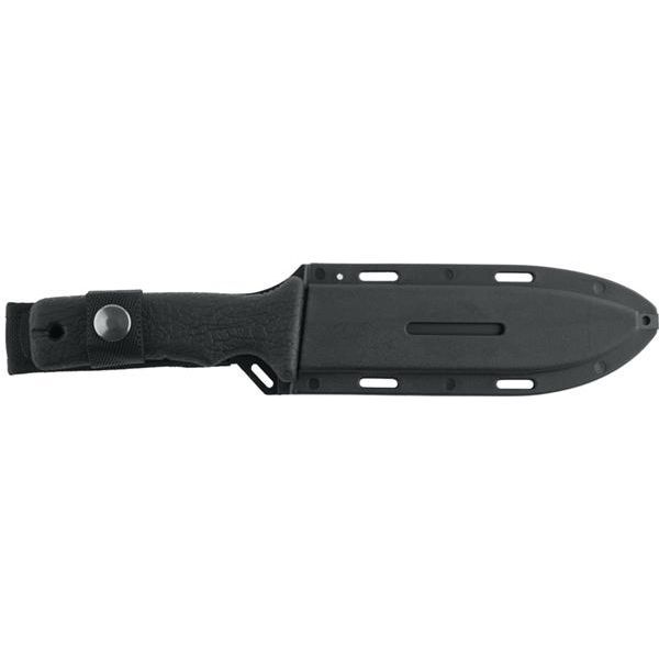 Black leather knife sheath with belt attachment holes and snap closure