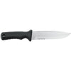 MAC Coltellerie tactical knife with black grip handle showing serrated spine edge on stainless steel blade
