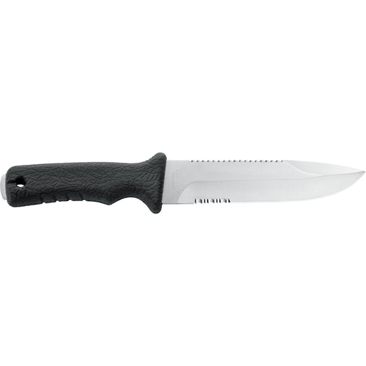 MAC Coltellerie tactical knife with black grip handle showing serrated spine edge on stainless steel blade