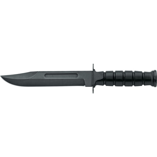 MAC Coltellerie Model 691 tactical knife with grooved black handle and dark coated blade