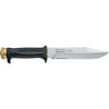 MAC Coltellerie survival knife with black ergonomic handle, brass guard, and stainless steel blade with "A friend for survival" engraving