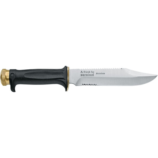MAC Coltellerie survival knife with black ergonomic handle, brass guard, and stainless steel blade with "A friend for survival" engraving