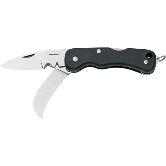 Black handled hawkbill folding knife with curved stainless steel blade by MAC Coltellerie - Rostfrei model