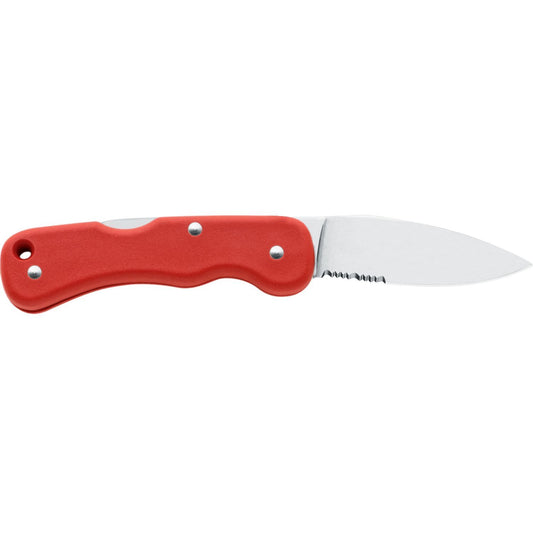 Red handled serrated folding knife with stainless steel blade by MAC Coltellerie - compact pocket knife