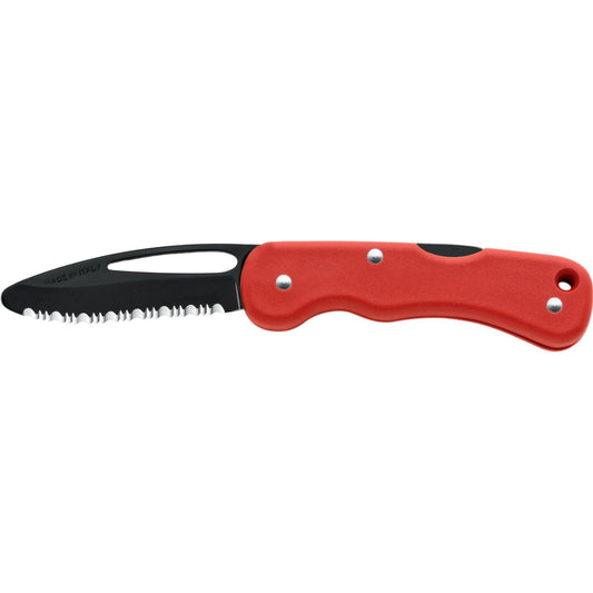 MAC Coltellerie 697RSC-2R red handled rescue knife with black serrated blade, side view