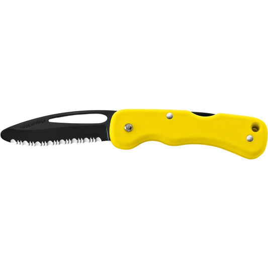MAC Coltellerie 697RSC-2Y yellow handled rescue knife with black serrated blade, side view