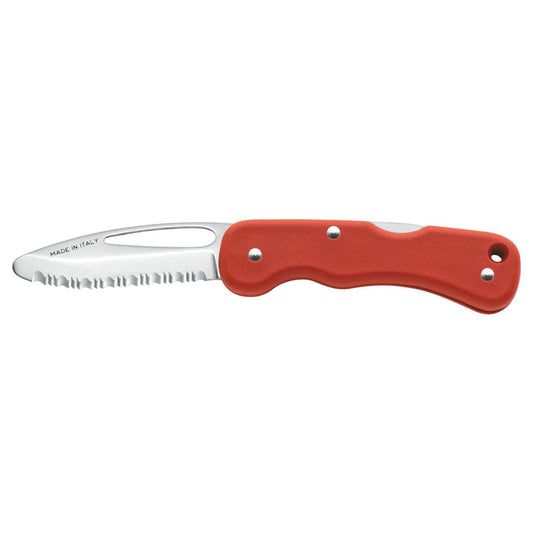 MAC Coltellerie 697RSCR red handled rescue knife with curved serrated blade, side view
