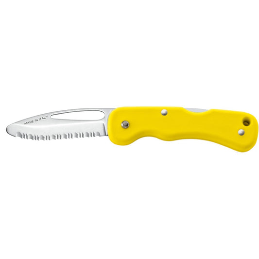 MAC Coltellerie 697RSCY yellow handled rescue knife with curved serrated blade, side view