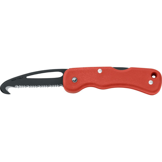MAC Coltellerie folding knife with red handle and black hawkbill blade, closed position