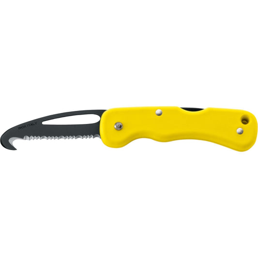 MAC Coltellerie folding knife with yellow handle and black hawkbill blade, closed position