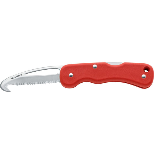 MAC Coltellerie 697SOSR red handled safety knife with curved blade, side view