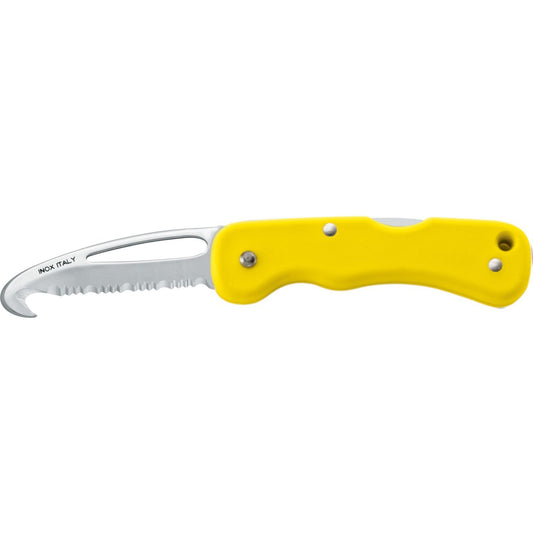 MAC Coltellerie 697SOSY yellow handled safety knife with curved blade, side view