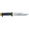 MAC Coltellerie survival knife blade detail showing deer engraving and "Made in Maniago" marking on stainless steel