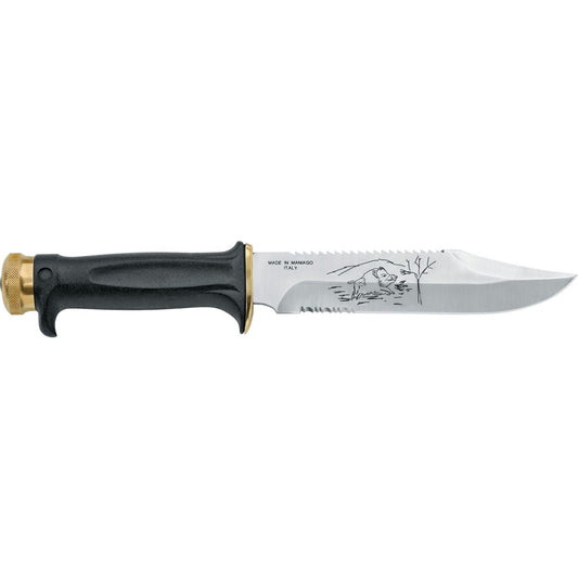 MAC Coltellerie survival knife blade detail showing deer engraving and "Made in Maniago" marking on stainless steel