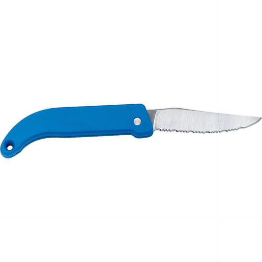 MAC Coltellerie folding knife with blue handle and serrated stainless steel blade