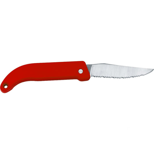 MAC Coltellerie serrated paring knife with red handle and stainless steel blade