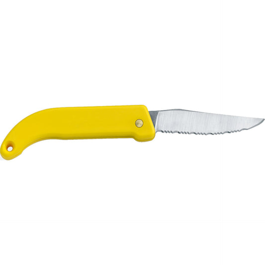 MAC Coltellerie serrated paring knife with yellow handle and stainless steel blade