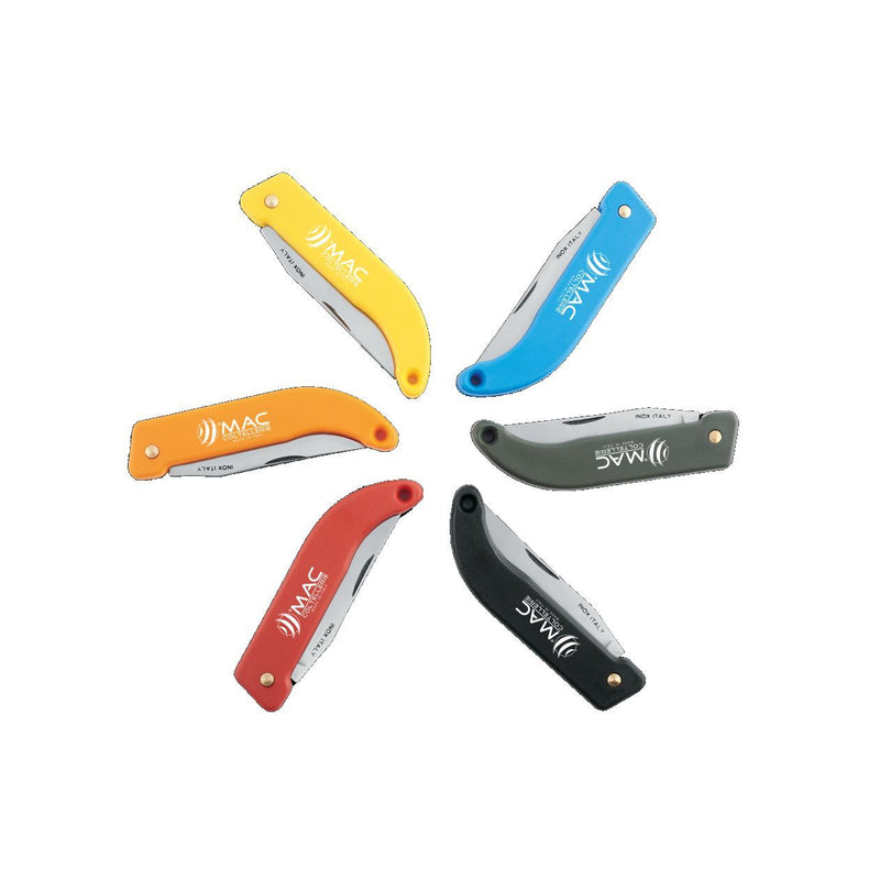 Collection of MAC Coltellerie folding knives in multiple colors - yellow, blue, orange, red, olive green, and black handles