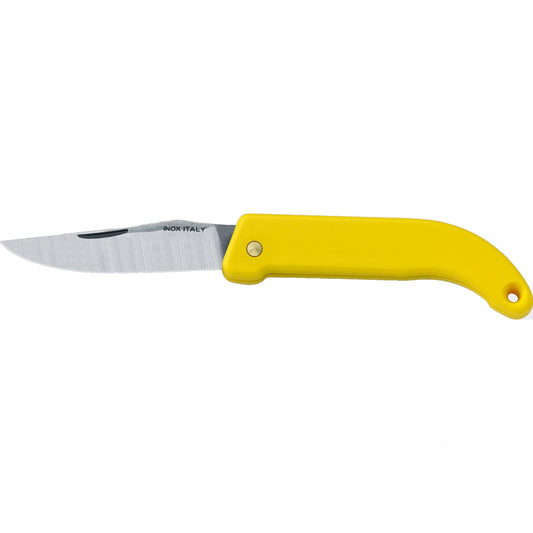 MAC Coltellerie folding knife with yellow handle and stainless steel blade, INOX ITALY marking visible