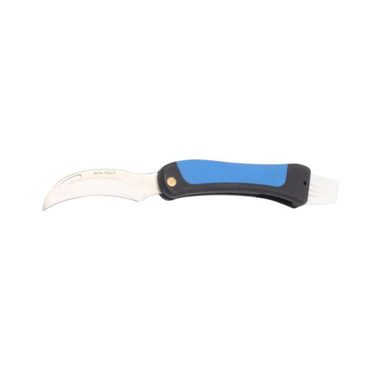 MAC Coltellerie curved pruning knife with black and blue ergonomic handle and sharp curved blade for gardening