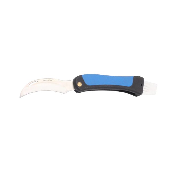 MAC Coltellerie curved pruning knife with black and blue ergonomic handle and sharp curved blade for gardening