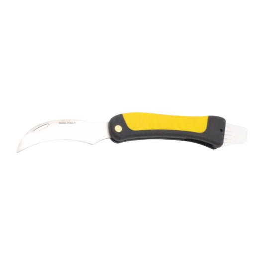 MAC Coltellerie curved pruning knife with black and yellow ergonomic handle and sharp curved blade for gardening