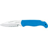 MAC Coltellerie folding knife with blue textured handle and stainless steel serrated blade