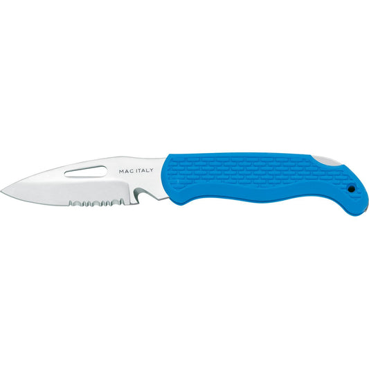 MAC Coltellerie folding knife with blue textured handle and stainless steel serrated blade