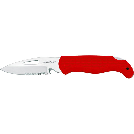 MAC Coltellerie folding knife with red textured handle and stainless steel serrated blade