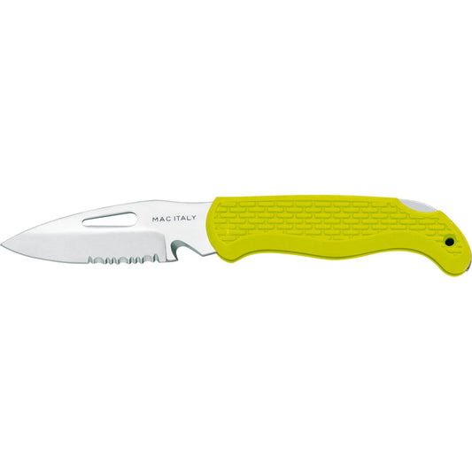 MAC Coltellerie folding knife with yellow textured handle and stainless steel serrated blade