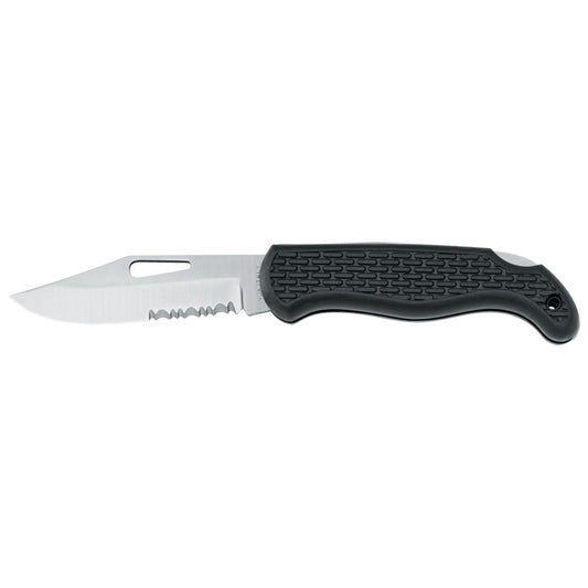 MAC Coltellerie folding knife with textured olive green handle featuring partially serrated stainless steel blade in closed position